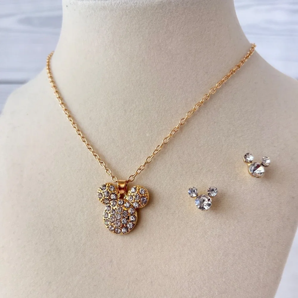 Mickey Mouse Rhinestone Necklace‎ and Earring Set Gold Tone Jewelry